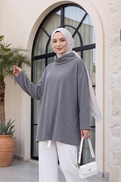 Modamorfo Turtleneck Slit Ribbed Knit Tunic -Gray