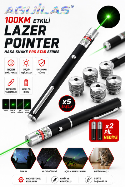 AGUILAS Green Yeşil Kalem Tipi Lazer Pointer 5 Başlıklı Lazer