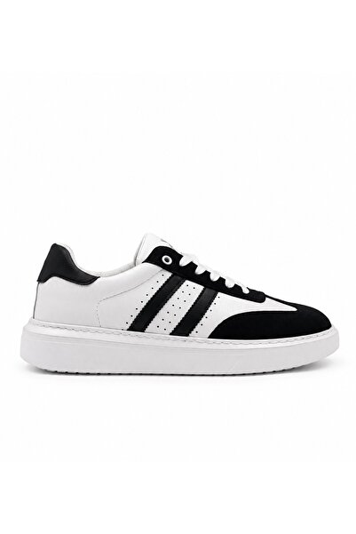 Premium Siyah-Beyaz Erkek Sneaker – Suni Deri & Süet, Beyaz EVA Taban