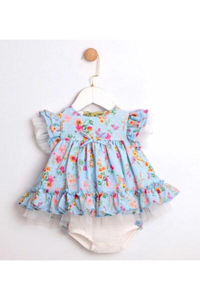 Cumino Kız Bebek Zıbınlı Kolları Fırfırlı Elbise 9-24 Ay MAVİ