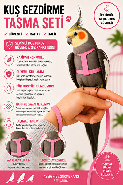 Petshop Pembe Kuş Gezdirme Tasması Seti Ayarlanabilir Papağan Uçuş Tasması Mu...