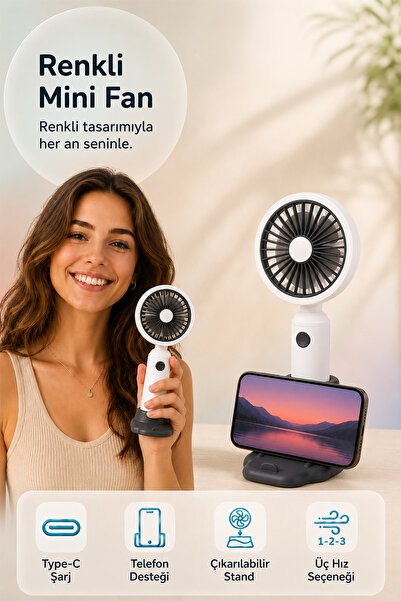 indirimsevinci 3 Kademeli Şarjlı Mini El Fanı Sessiz Taşınabilir Serinletici Fan