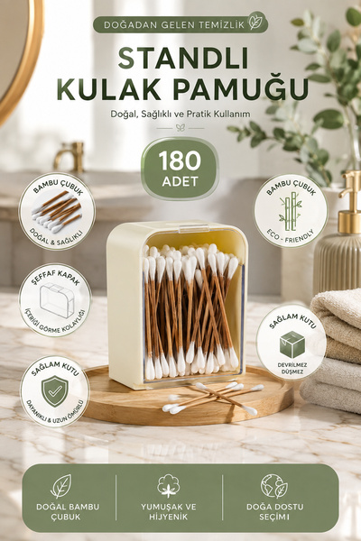 Porsima 3135 Doğal Ahşap Bambu Saplı Standlı Kulak Temizleme Çubuğu Seti- 180...