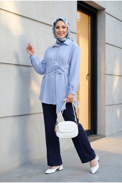 HİJABAYA Waist-Tied Fitted Shirt Collar Long Sleeve Hijab Crinkle Tunic - Ice...