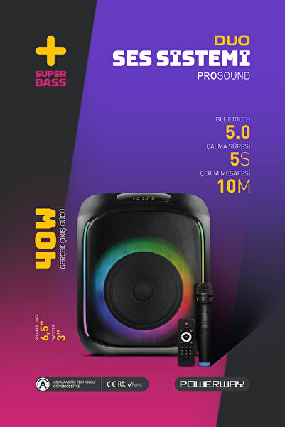 POWERWAY MIO Taşınabilir Mikrofonlu 40 W Parti Karaoke Kumandalı Bluetooth Ho...