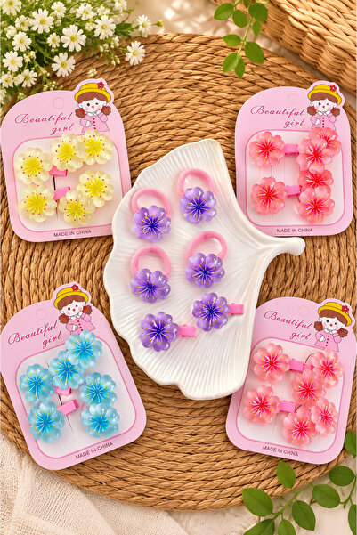 Nisankids Girl's Sakura Flower Hair Clip and Rubber Band Set 6 Pieces Colorfu...
