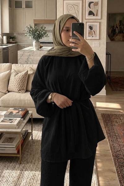 miremiran قميص تونيك بأكمام بالون كبيرة الحجم، مزود بحزام عند الخصر وسحاب عند...