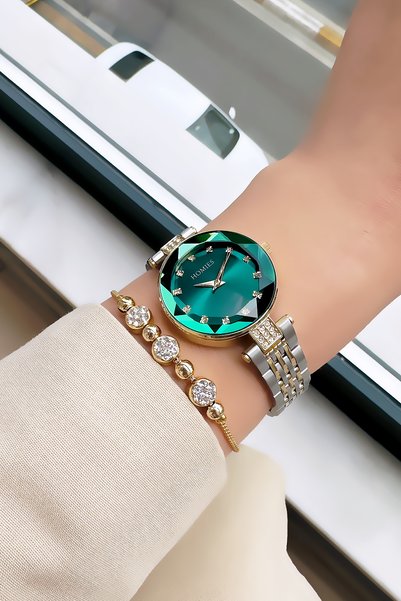 Homies Original Stone Women's Wristwatch Waterproof Gold Silver Green Color Steel Band Bracelet Hmby2030C2