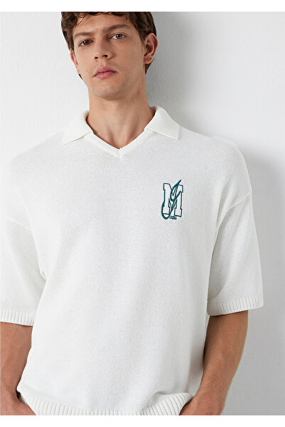 Mavi M Logo Embroidered Ecru Polo Knitwear 0710431-70057