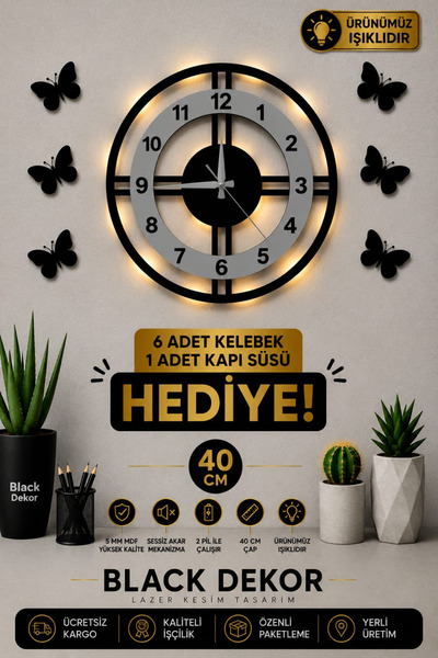 Blackdekor Modern İki Çizgili Beyaz LED Aydınlatmalı Duvar Saati 40 Cm Dekora...