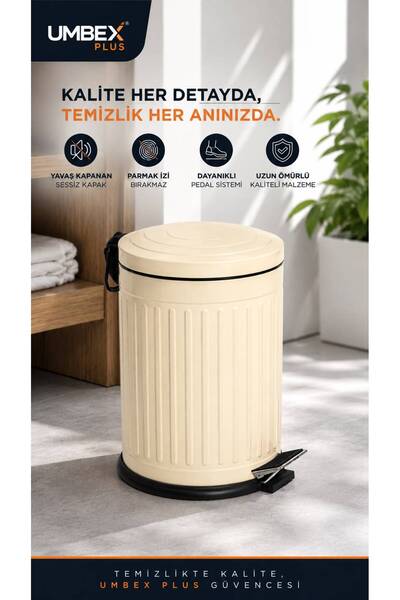 UMBEX PLUS VİNTAGE 5 LT AMORTİSÖRLÜ KREM RENK YAVAŞ KAPANIR ÇÖP KOVASI BANYO ...