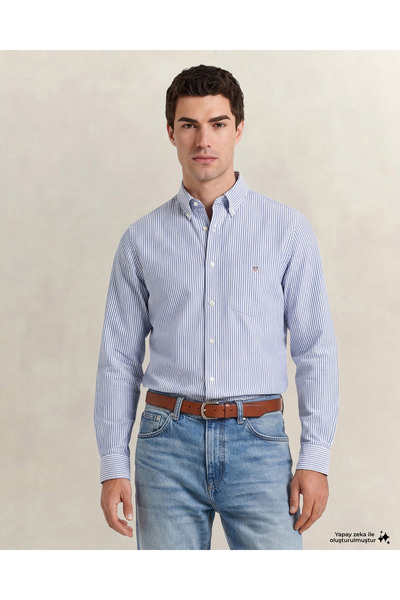 Gant Erkek Mavi Regular Fit Çizgili Logolu Gömlek