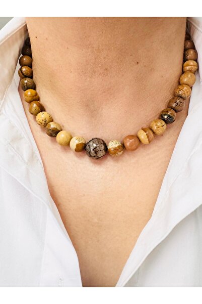DEVİ fashion Tree Jasper Natural Stone Design Necklace 45 cm