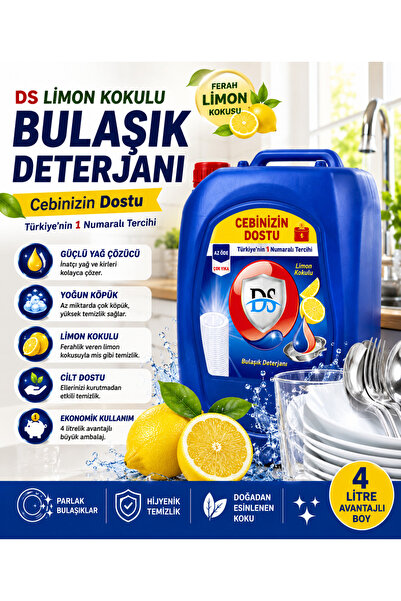 DERİNSU KİMYA DS Limon Kokulu Elde Yıkama Bulaşık Deterjanı – 4 Litre