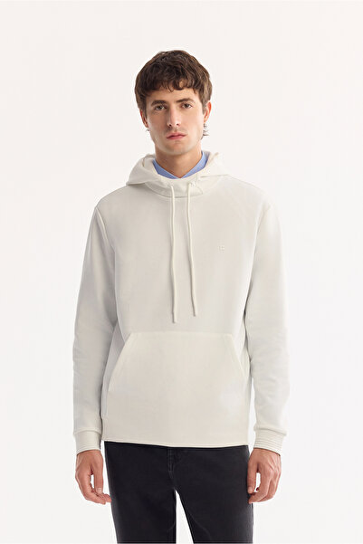 Avva Men's Ecru Hooded Cotton Bi-Stretch Regular Fit Sweatshirt A52Y1201