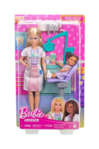Barbie Diş Hekimi, sarışın bebek, 1 çocuk figürü, doktor temalı mobilya ve ak...