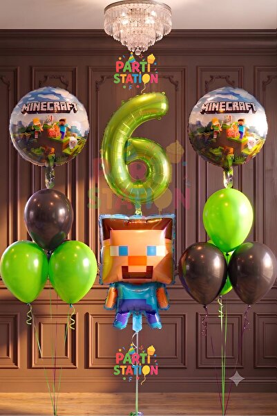 Parti Station Yeşil Rakam Balonlu Minecraft Konsept Doğum Günü 6 Yaş Balon Se...