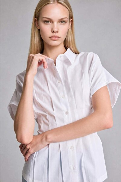 DeFacto 100% Cotton Fitted Jacket Collar Poplin Short Sleeve White Shirt F933...