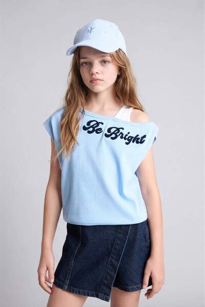 DeFacto Boat Neck Printed Ribbed Short Sleeve Light Blue T-Shirt Girl Child I...