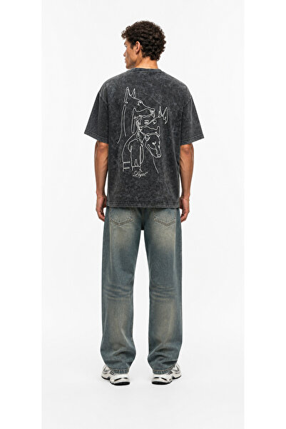 Respire Men's Embroidery Detailed Washable Oversize T-Shirt Black
