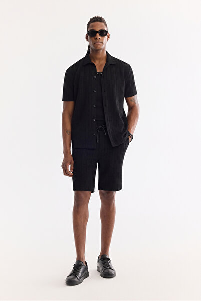 Avva Men's Black Elastic Waist Cotton Jacquard Regular Fit Shorts A61Y3632