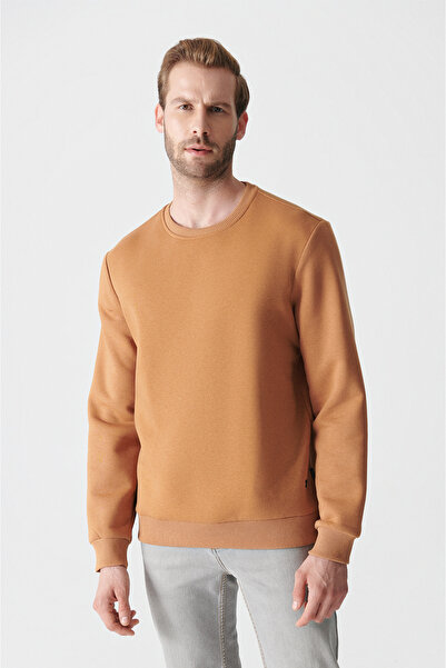 Avva Men's Light Brown Crew Neck Raised 3 Thread Cotton Sweatshirt E 001017
