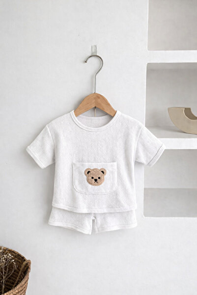 Bubito Bear Pocket Visual Cotton Summer Baby Kids Shorts Set-White