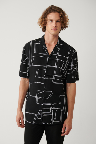 Avva Erkek Siyah %100 Viskon Apaj Yaka Baskılı Viskon Kısa Kollu Oversize Fit...