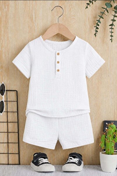 Bubito Unisex Bebek Çocuk %100 Pamuklu Düğmeli Müslin 2'li Yazlık Şortlu Takı...