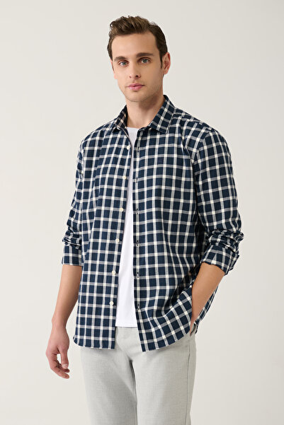 Avva Men's Navy Blue-White Cotton Plaid Flannel Lumberjack Shirt A32Y2158