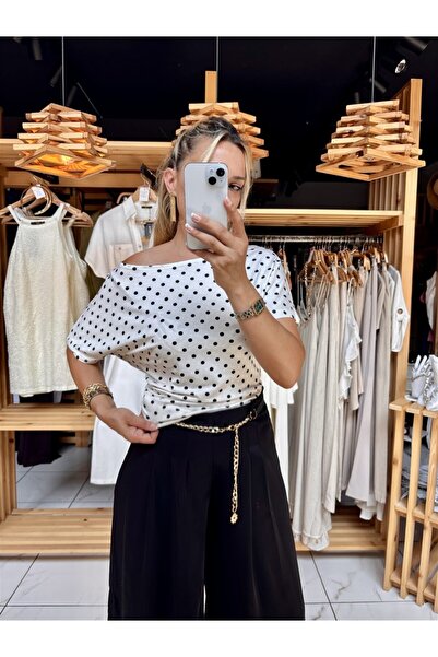 Gözde Tasarım Butik بلوزة نسائية منقوشة بنقاط بولكا دوت وياقة قاربية وأكمام ق...