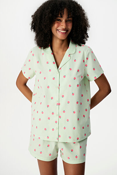 Penti Yeşil Summer Breeze Gömlek Meyve Desenli Kısa Kollu Şort Pijama Takımı