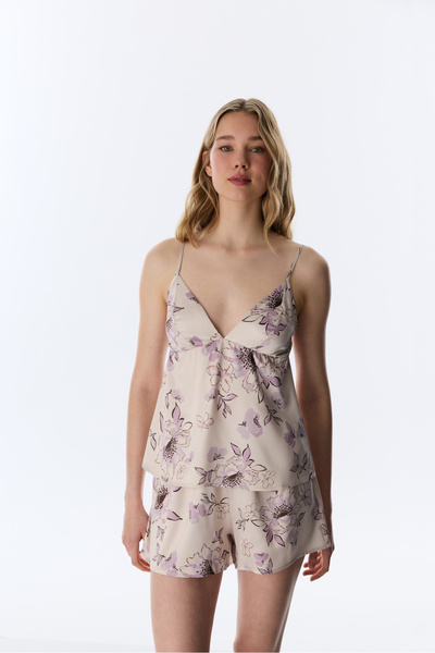 Penti Pastel Bej Petal Saten Çiçekli Şort Pijama Altı