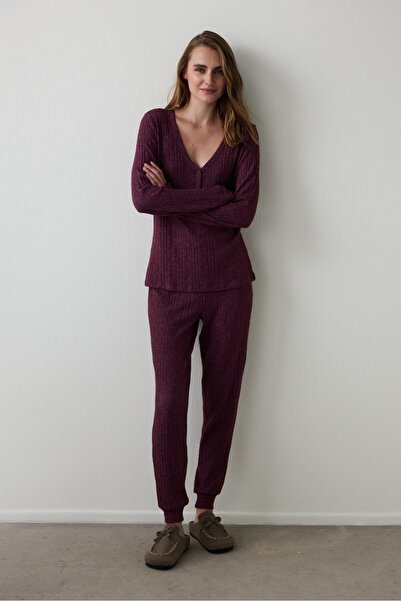 Penti Burgundy Cozy Time V-Neck Long Sleeve Thermal Effect Pajama Set