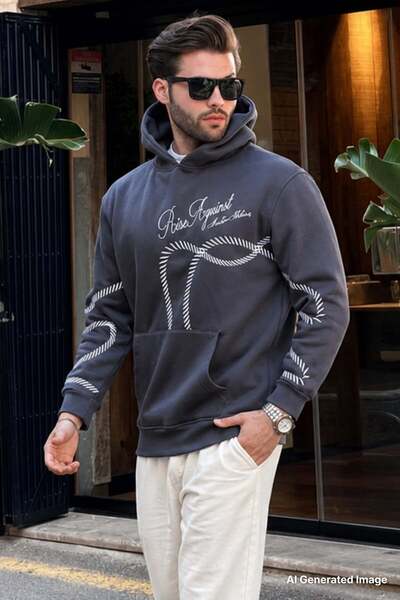 Madmext Smoked Printed Hooded Men's Sweatshirt with Pocket Detail 7067