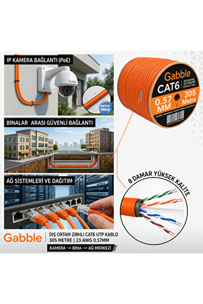 VOREX Gabble Turuncu Cat6 Dış Ortam Zırhlı UTP Ethernet Kablosu 305 Metre 23 AWG 0.57mm Network