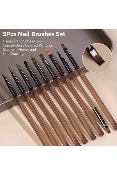 Choice 9Pcs Nail Brush Set Detail Work Pens Stylish Brown Handles Gel Nail Ar...