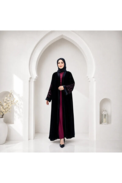 Muslima Wear Black Ruby Siyah Pembe Çizgili Oymataş Desenli Kadife Abaya