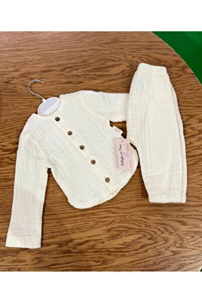 Bebeğin 50 Tonu Baby Boy Muslin Fabric Khaki Cream Double Suit 5 Buttons Oval...