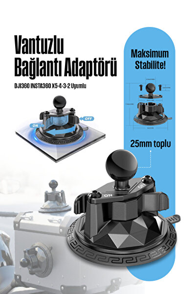 Nukrotech DJI360 INSTA360 X5-4-3-2 uyumlu Araç Vantuzlu Bağlantı Adaptörü (25...