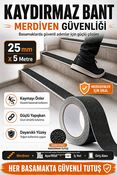ellante Kaydırmaz Bant 25 mm x 5 Metre, Pütürlü Yüzeyli Güçlü Yapışkanlı Merd...