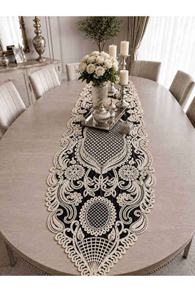Lena Maison Saray Black Tulle Runner with Embroidery on Black Tulle 135 Cmx45 cm