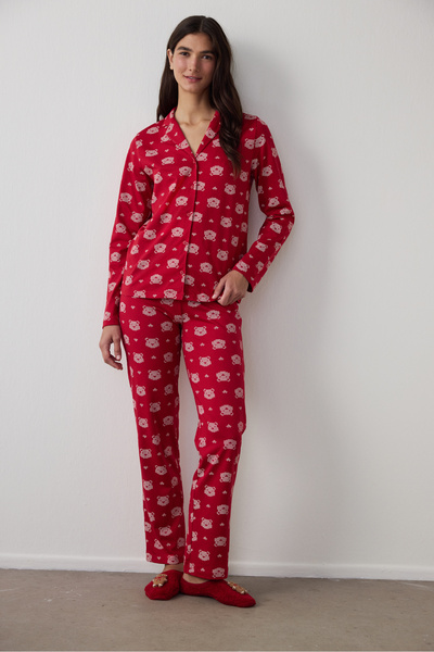 Penti Red Bear Pattern Shirt Collar Long Sleeve Cotton Pajama Set