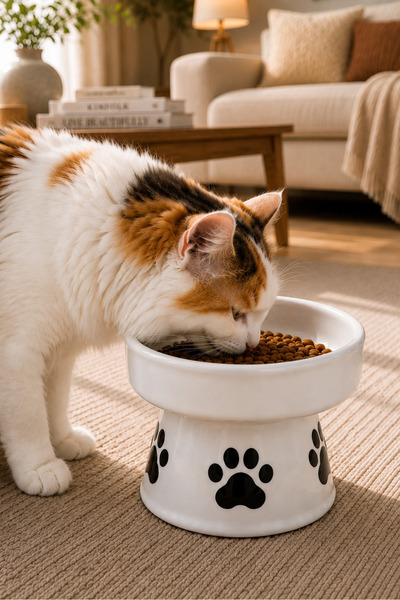 NitruDesign Ayaklı Seramik Kedi ve Köpek Mama Su Kabı (17 CM, 400 ML)