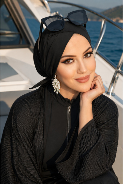 Aişe tesettür Siyah Çapraz Deniz - Havuz Bonesi
