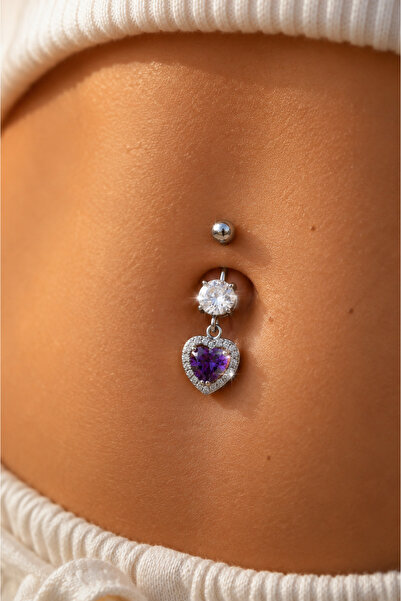 Sacce Scarves&Accessories Kalp Model Mor Taşlı Çelik Göbek Piercing