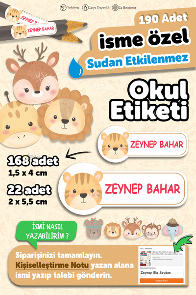 MSticker Okul Etiketi Kalem Defter Özel Isim Yazılabilen Etiket 190 Adet Karı...
