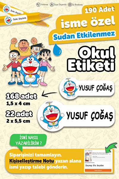 MSticker Okul Etiketi Kalem Defter Etiketi Doraemon Temalı Özel Isim Yazılabi...
