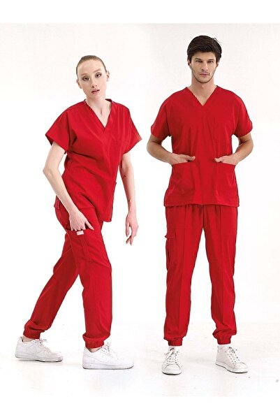 ÇİZGİ MEDİKAL Red Jogger Leg Luxury Lycra Uniform Sets High Quality Lycra Scrubs