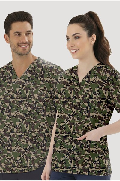 ÇİZGİ MEDİKAL Forest Camouflage Patterned Single Top (Cotton Lycra Fabric)